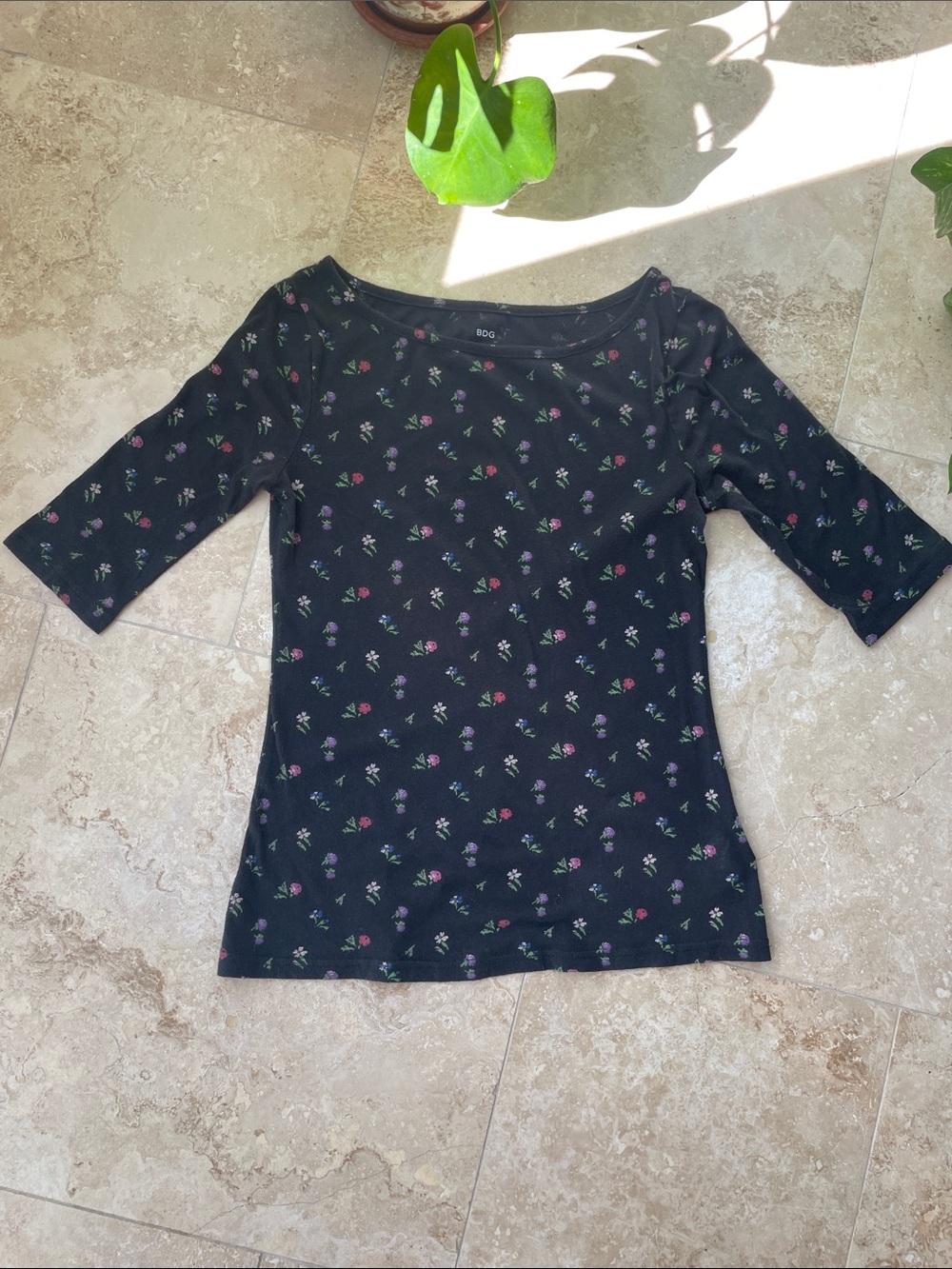 BDG Black Floral Boat Neck Long Sleeve Tee